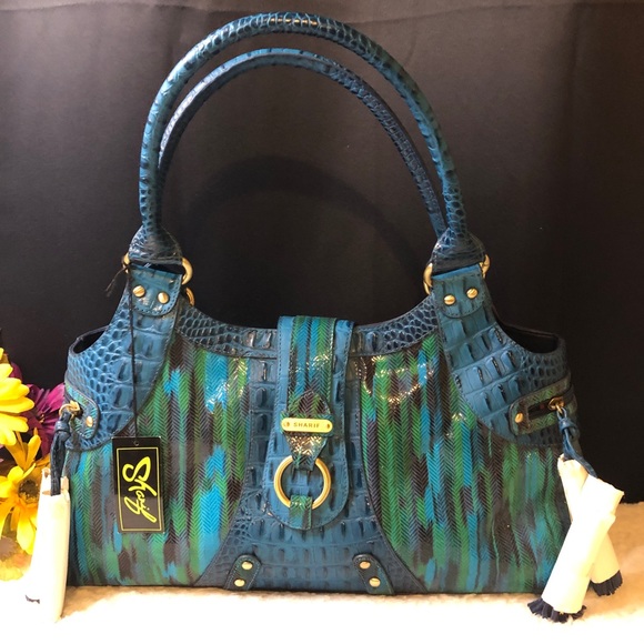Sharif Green Blue Croc Style Leather Tassel Satchel Handbag W Matching Wristlet Bags